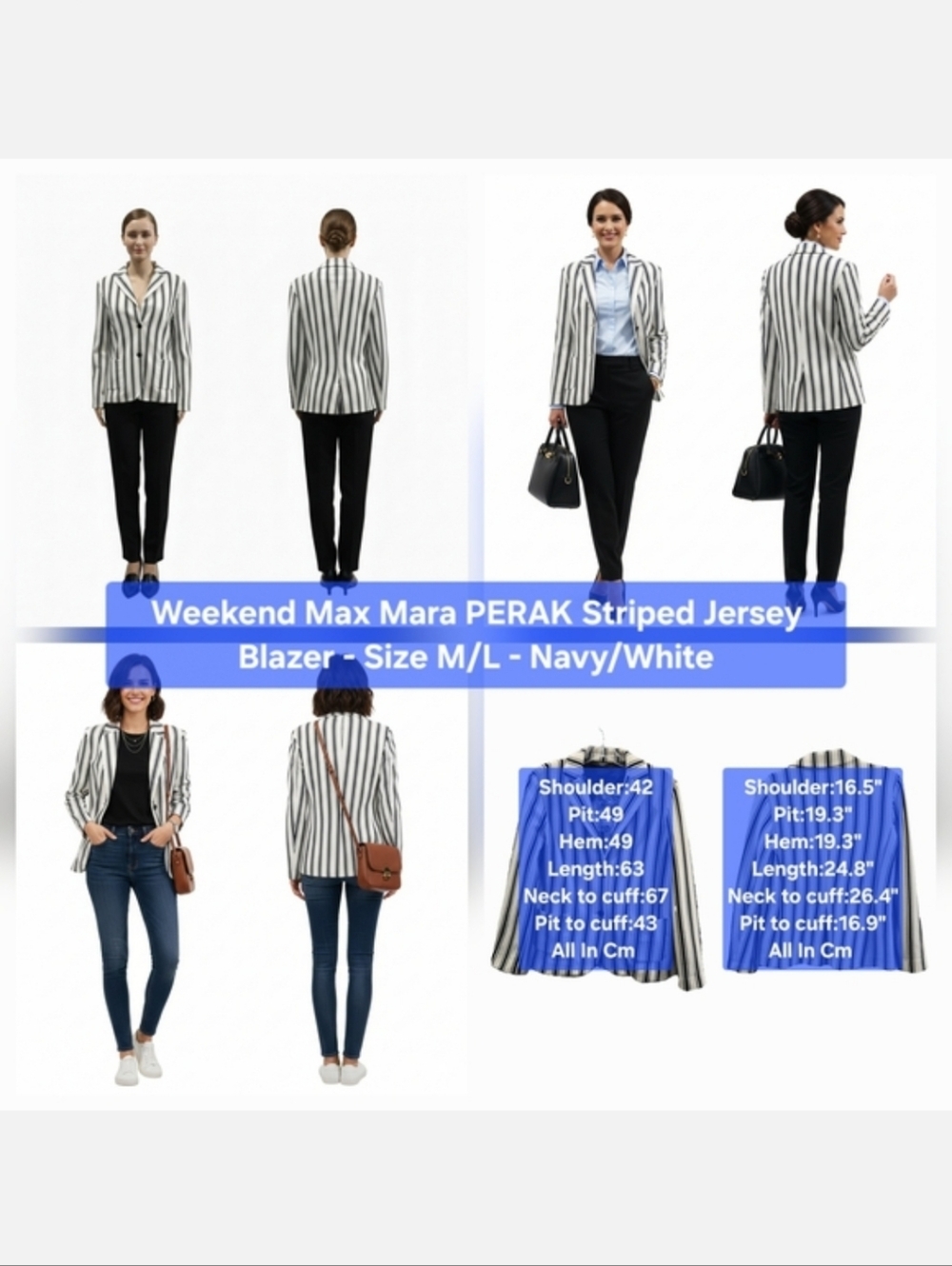 Weekend Max Mara PERAK Striped Jersey Blazer - Navy/White Size M/L